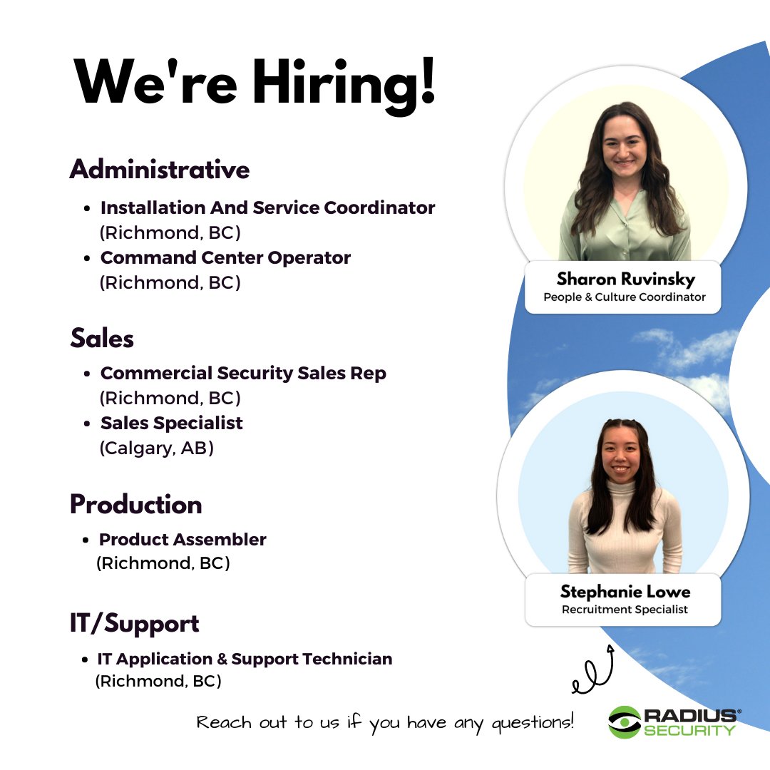 RadiusSecurity's tweet image. #JoinTeamRadius 🔔

Our team continues to grow and we&apos;re looking for superstars to join us in all departments across the board!

Explore exciting opportunities in:

📁 Admin
💼 Sales
🔩 Production
🌐 Information Technology &amp;amp; Support 

Learn more: hubs.li/Q01jQFBR0 

#hiring