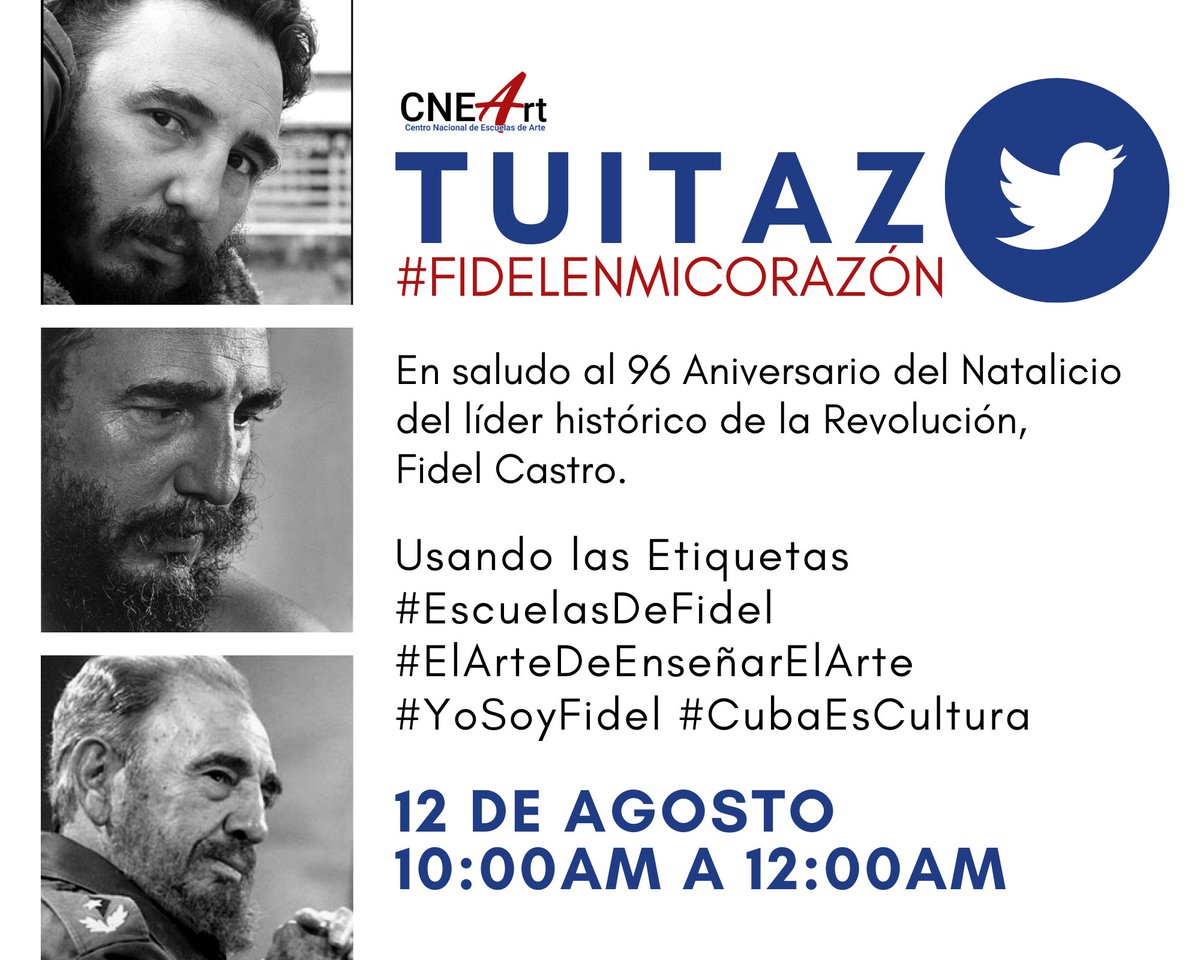 🔴Ya Arrancamos🔴 📢TUITAZO #FidelEnMiCorazón♥️
Celebrando el Aniversario 96 del natalicio del líder histórico de nuestra Revolución. #ElArteDeEnseñarElArte #CubaEsCultura #EscuelasDeFidel