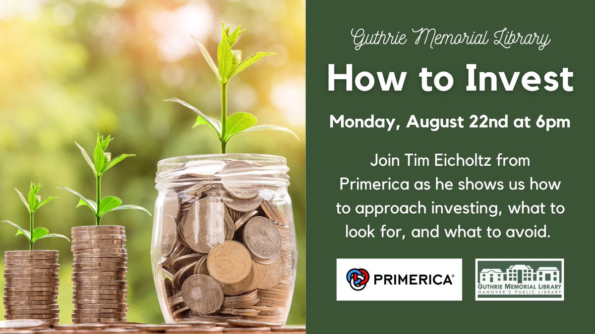 Tim Eicholtz from Primerica will be here at Guthrie to show us how to approach investing, what to look for, and what to avoid.
This FREE program will take place in the John &amp; Joan Bare Center. Registration is required: yorklibraries.org/event/how-to-i…
