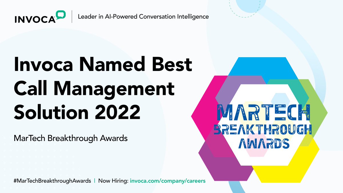 Invoca's tweet photo. Today @invoca is thrilled to announce we are a 2022 MarTech Breakthrough Award winner for “Best Call Management Solution.”
Way to go team @invoca! Check out the full list of this year’s winners here: https://t.co/m8MEKgZE6W
@martech_awards #MarTechBreakthroughAwards #Invocalife https://t.co/g0FXWAnYd0