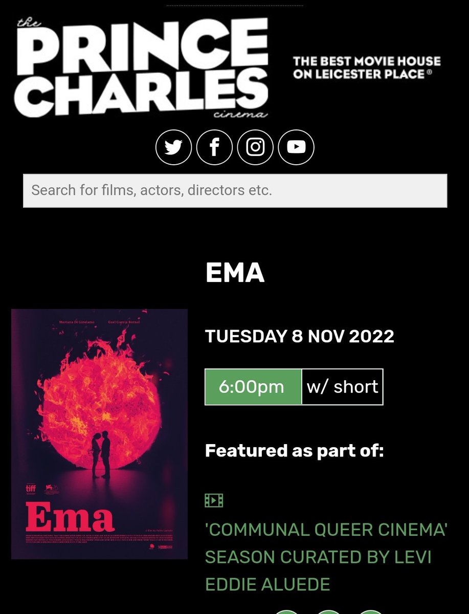 tickets now on sale for the beginning of communal queer cinema season at the Prince Charles Cinema, Pablo Larrain's Ema (2019) and my short The Smell of Cut Grass (2022) -- November 8th, 6pm  princecharlescinema.com/PrinceCharlesC…