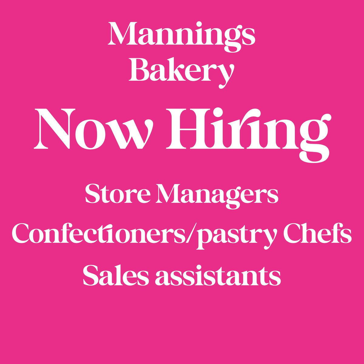 We are currently looking for Store managers, Confectioners/pastry Chefs and sales assistants! We are a growing artisan occasion cakes and treats business looking for good people! Sound like you? Email is your CV and cover note to manningsbakeryhr@gmail.com #dublinjobs #bakeryjobs