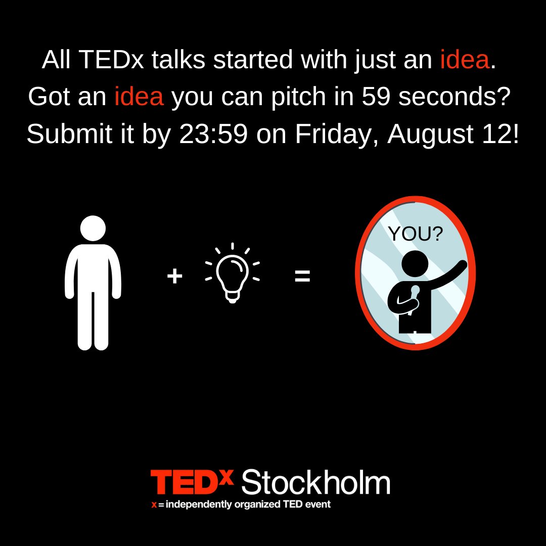 LAST CALL!  Don't miss a rare chance to appear on the TEDxStockholm stage. Submission deadline is Friday, August 12, 23:59! 
Here's how to make it happen:
forms.gle/Qg4dgCfWDvCaTu…