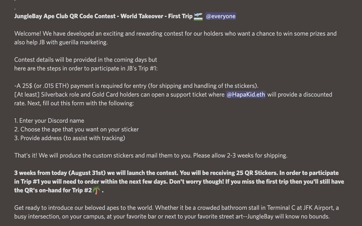 JungleBayAC's tweet photo. JungleBay Ape Club QR Code Contest - World Takeover - First Trip 🛫

We have developed an exciting and rewarding contest for our holders who want a chance to win some prizes and also help JB with guerilla marketing. 

Register here:
https://t.co/gaCTFq38o7

#NFTs #NFTCommunity https://t.co/q1iq5VFzT1
