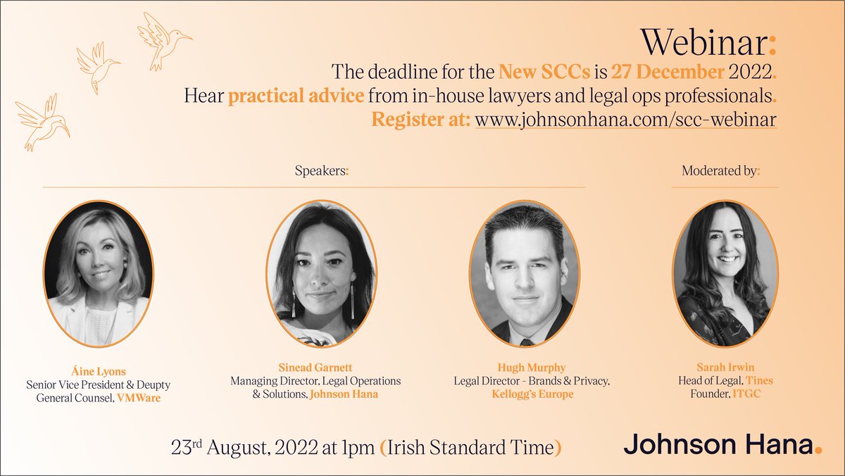SarahIrwin_Eire's tweet photo. On Tues 23 August (1pm GMT) I am moderating a webinar covering practical advice on repapering the new #StandardContractualClauses by the 27 Dec deadline 🤯‼️ with Aine Lyons (@VMware), Sinead Garnett (Johnson Hana) and Hugh Murphy (Kellogg’s Europe) 🔥 Link in bio to register! https://t.co/vdxtuVoCyZ