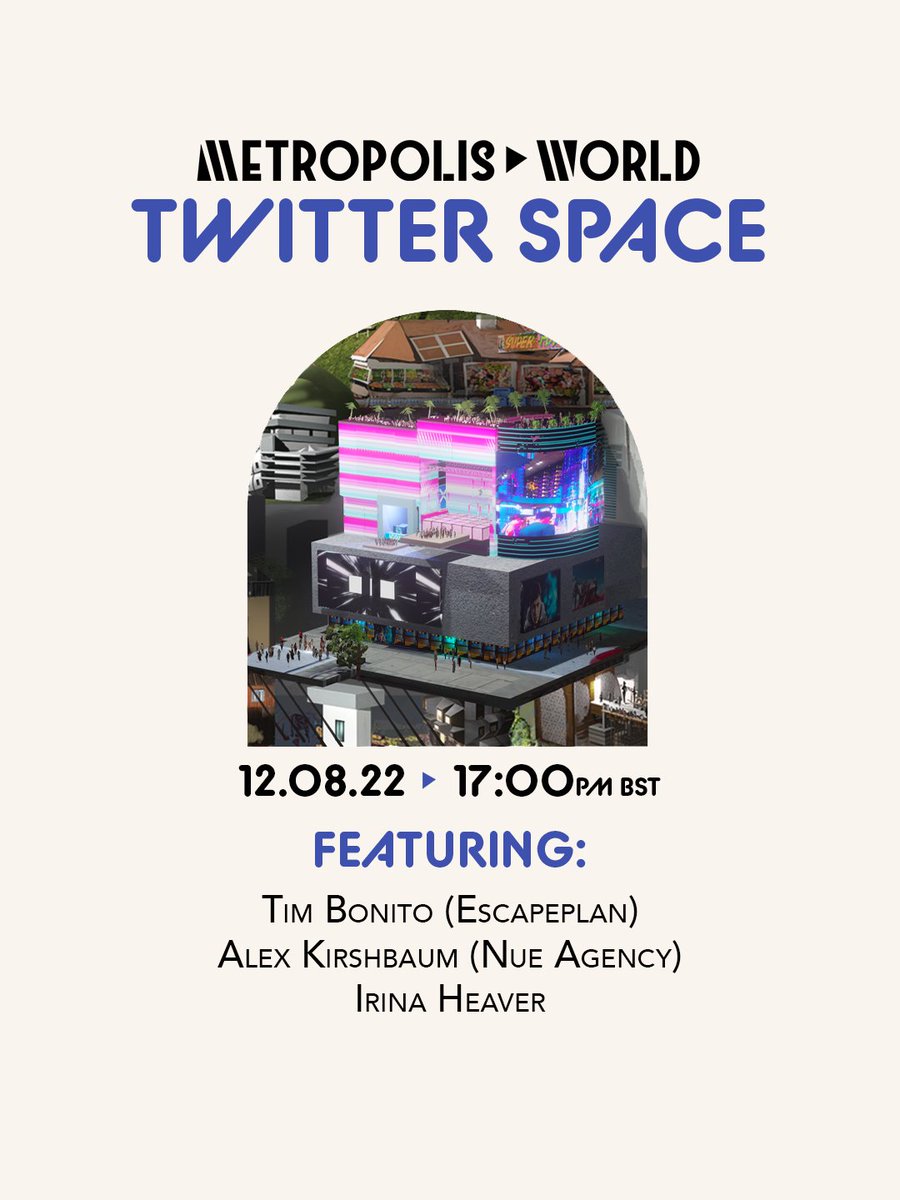 Metropolis World (@metropolisworld) on Twitter photo Tomorrow we're on Spaces talking 'The Future of Live Entertainment In the Metaverse 🎤🎭🏟' with:
<a href="/escapeplanbayc/">ESCAPΞPLAN</a>
<a href="/NueAgency/">Nue Agency</a>
<a href="/IrinaHeaver/">Irina ₿. Heaver</a>
<a href="/RashidAjami/">Rashid Ajami</a>
<a href="/RaniaAjami/">Rania Ajami</a>
We will also be giving away 3 Passports 🌎
To Enter
🔁 RT this tweet
🙋 Attend the Space
x.com/i/spaces/1DXxy… Tomorrow we're on Spaces talking 'The Future of Live Entertainment In the Metaverse 🎤🎭🏟' with:
<a href="/escapeplanbayc/">ESCAPΞPLAN</a>
<a href="/NueAgency/">Nue Agency</a>
<a href="/IrinaHeaver/">Irina ₿. Heaver</a>
<a href="/RashidAjami/">Rashid Ajami</a>
<a href="/RaniaAjami/">Rania Ajami</a>
We will also be giving away 3 Passports 🌎
To Enter
🔁 RT this tweet
🙋 Attend the Space
x.com/i/spaces/1DXxy…