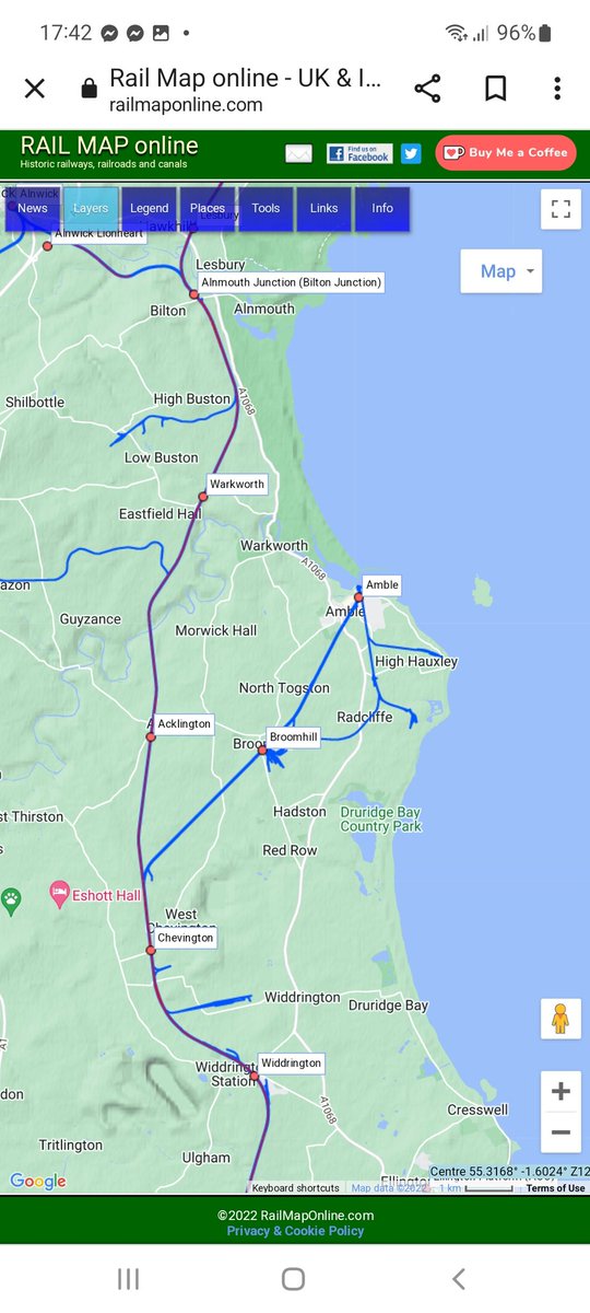 Alnwick2Amble's tweet photo. @abroeky @Warkworth_Amble @LNER @CrossCountryUK 4. This is in contrast to the original #AmbleBranch route which ran southwards to #ChevingtonStation which has long since vanished, along with much of the former trackbed. Trying to establish a new interchange between #WiddringtonStation and #AcklingtonStation a big challenge. https://t.co/hBR2K10jn7