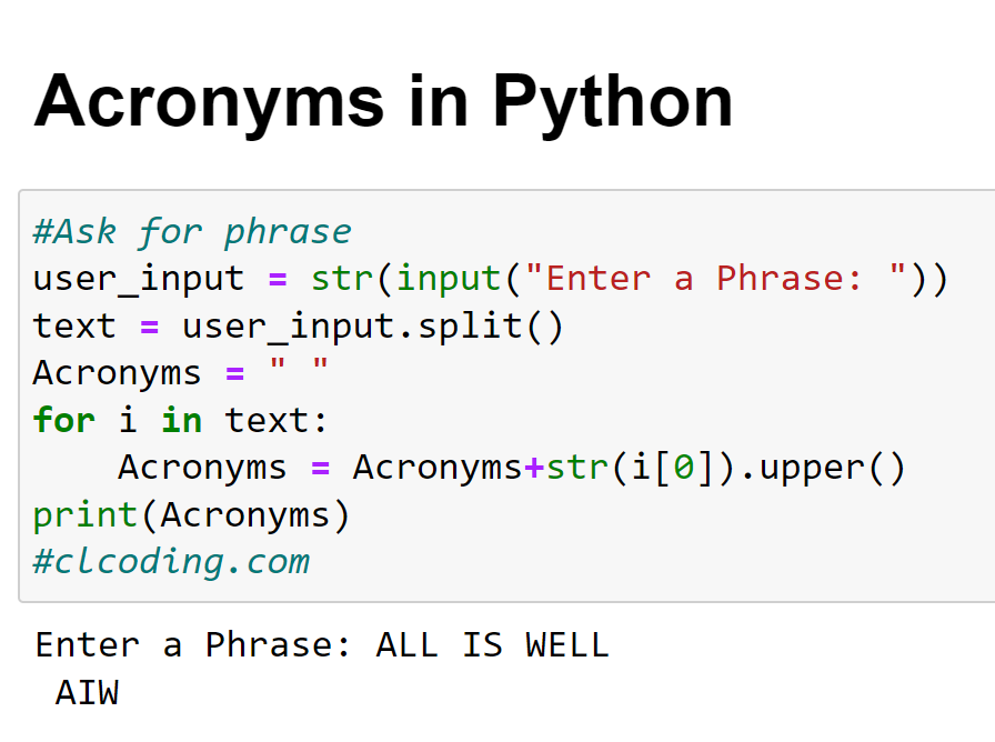clcoding's tweet photo. Acronyms in Python https://t.co/VBbmIiPt01