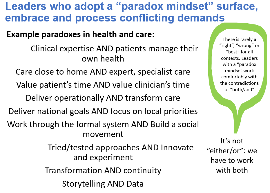 HelenBevan's tweet photo. Effective leaders of change adopt a "paradox mindset": a comfort/willingness to accept conflicting demands as sources of new ideas - "both/and", not "either/or". They 1) Actively seek out tensions 2) Tolerate ambiguity 3) Process tensions https://t.co/9B4P0lOVgM V @MarianneWLewis https://t.co/qEZAYQMbyO