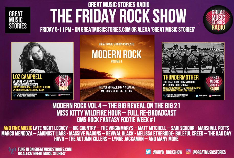 Friday Rockshow. Sizzler tomorrow 5pm. All the 21 #ModernRock Vol4 bands played &amp; revealed, Hour specials <a href="/rock_loz/">Loz Campbell</a> <a href="/THUNDERMOTHER/">THUNDERMOTHER</a>, fab tunes and @iammisskittyhq <a href="/WildFireFestUK/">WILDFIRE</a> with new Kitty music!