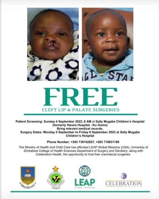 BonssaUZ's tweet photo. Free Cleft Lip & Palate surgeries
From the 5th to the 9th of September at Sally Mugabe Children's hospital (Harare Hospital).
Kindly screenshot the flier and share with others. You never know, you can help a child.
#BonssaUz #cleftlip #palatesurgeries #FREE #BonssaUz #Wesave https://t.co/azD23Gaei2