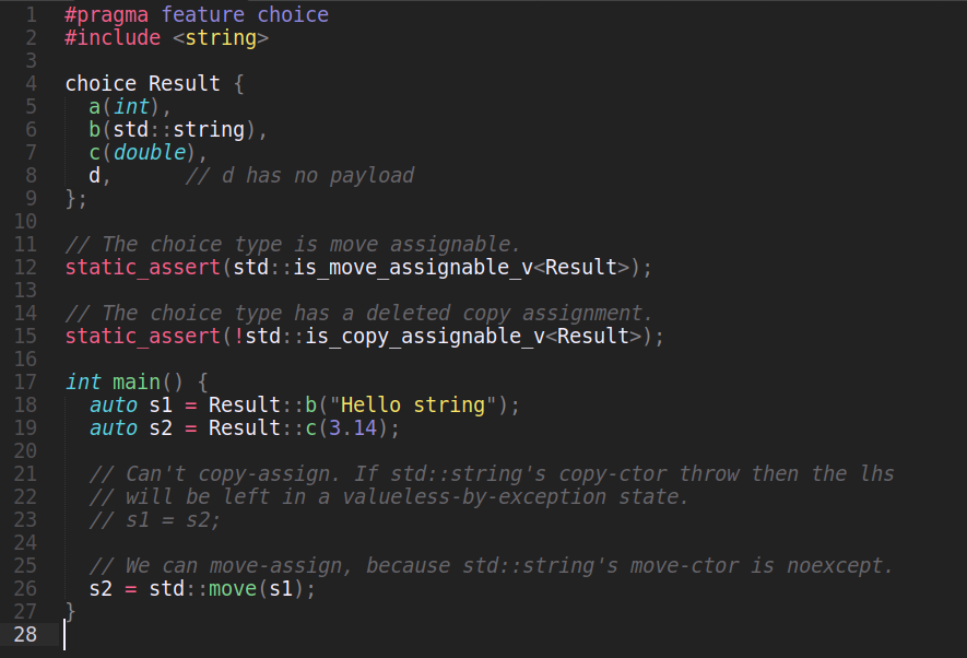 seanbax's tweet photo. Cool cool I implemented the six usual special member functions (default ctor, copy/move ctor/assignment, and dtor) for a language sum type.

To avoid std::variant's pesky valueless-by-exception zombie state, implicit assignments that would leave the lhs valueless are deleted. https://t.co/6Y3jbwUrEZ