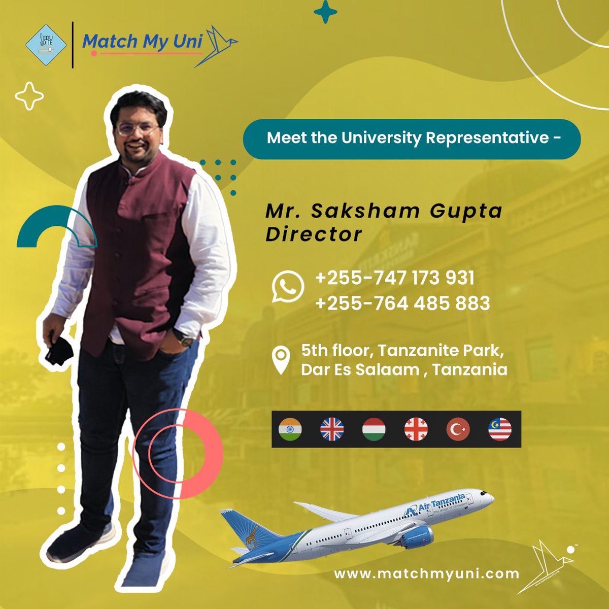 matchmyuni's tweet photo. Our Director is in Tanzania! Study abroad in your dream country. We are affordable! βοΈ
#Tanzania #Zambia #Zimbabwe #Lesotho #Namibia #StudyAbroad #Edudite #School #University #Education #HigherEducation #USA #UK #India #Pharmacy #Physiotherapy #Nursing #Engineering #Psychology https://t.co/QMbvEFnCr1