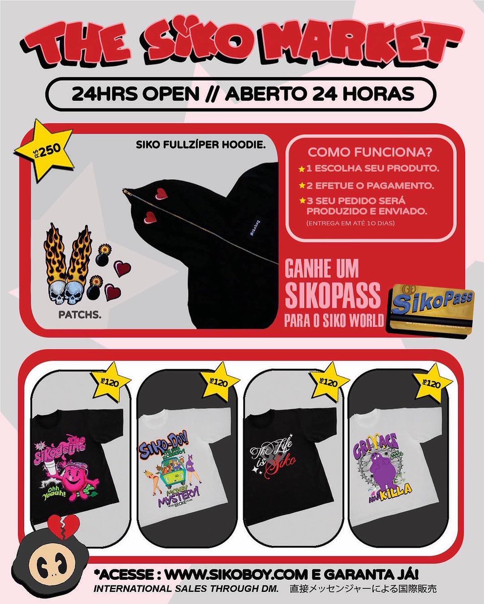 thesikoboy's tweet photo. SIKOTOUR ESTÁ DISPONÍVEL! 

A cápsula conta com 4 camisetas, 1 moletom fullzíper e uma action figure
do personagem Sikoboy.

Confira todas as peças em nosso site: https://t.co/14dF0TQqgc https://t.co/hYYArglZSU