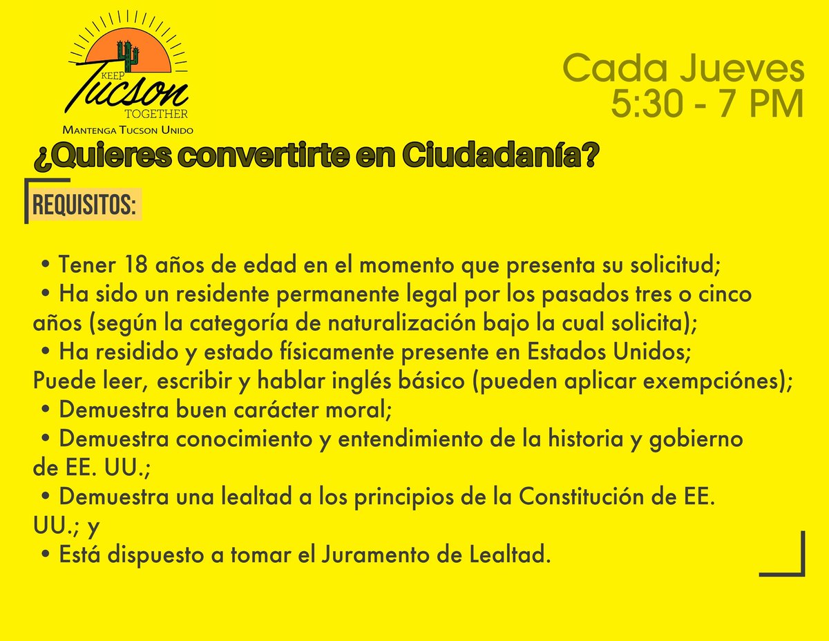 keep_tucson's tweet photo. Come to our legal clinic every Thursday night at Pueblo High School at 5:30 pm in the cafeteria.
Venga a nuestra clínica legal todos los jueves por la noche en Pueblo High School a las 5:30 pm en la cafeteria. https://t.co/L5sqvDGeTz