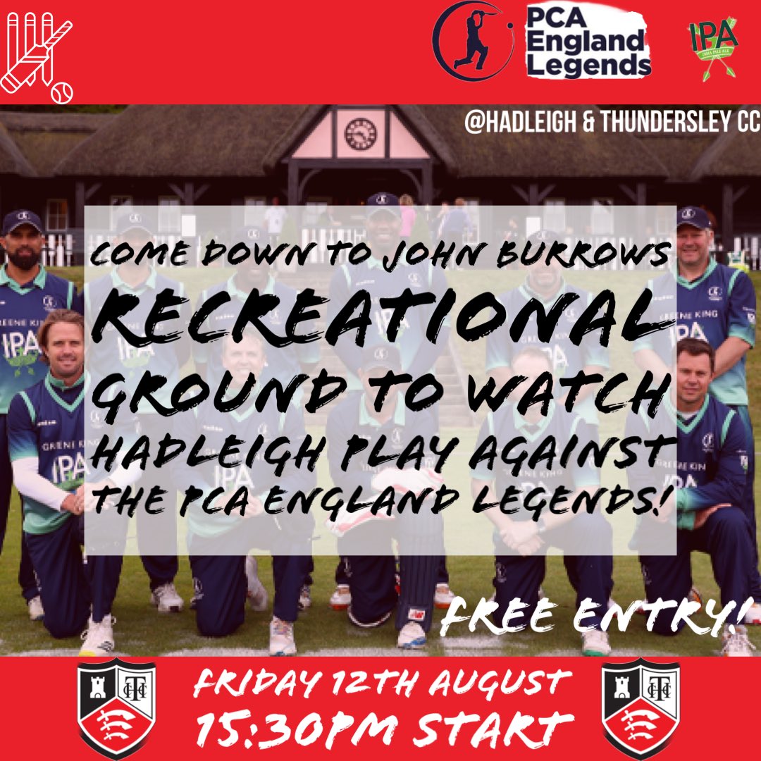 Come down to John Burrows tomorrow to watch Hadleigh face the PCA England legends!❤️🏏🤍
<a href="/alextudorcoach/">Alex Tudor</a> @wecricket_ <a href="/Jwd_16/">Jade Dernbach</a> <a href="/SajBAM/">Saj Mahmood</a> <a href="/min_spin/">Min Patel</a> <a href="/PCA/">PCA</a> @MontyPanesar <a href="/CJPhillips1982/">Chris Phillips</a> <a href="/briancjeeves/">Brian Jeeves 🏐🏉🏏🏑📰🎙️🏟</a> <a href="/TheBarmyArmy/">England's Barmy Army 🏴󠁧󠁢󠁥󠁮󠁧󠁿🎺</a> <a href="/EssexCricket/">Essex Cricket</a> <a href="/ThatsSoVillage/">That’s So Village</a> @espncricinfo <a href="/crickshouts/">Cricket Shouts 🏏</a> @vi111age