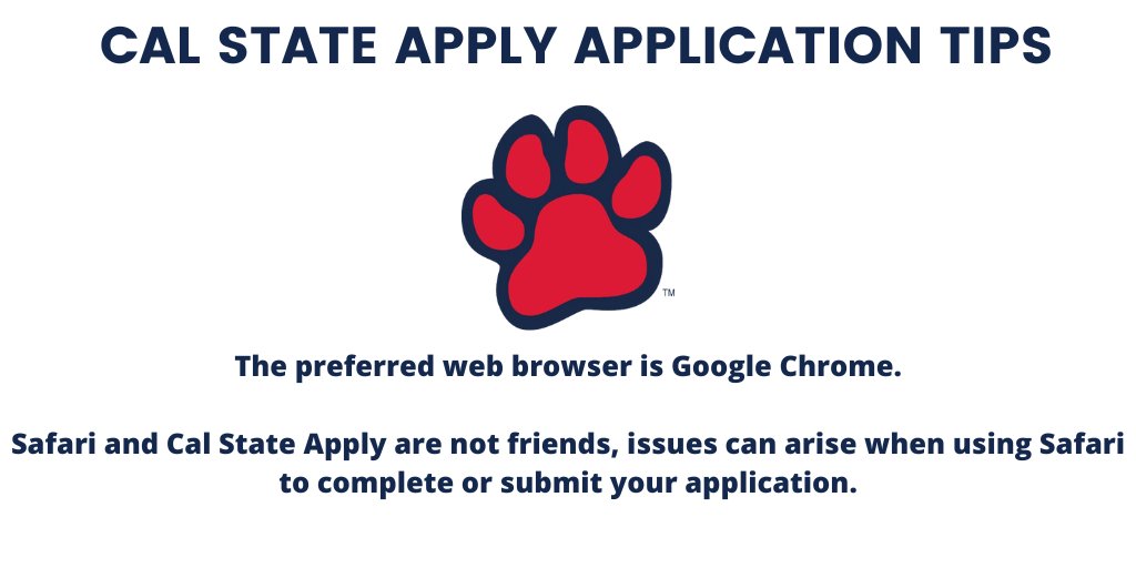 <a href="/calstate/">The CSU</a> apply tip!
Please use Google Chrome when filling out your Cal State Apply Application for spring 2023. Safari and other browsers may have unexpected errors and issues. 
#BulldogBorn