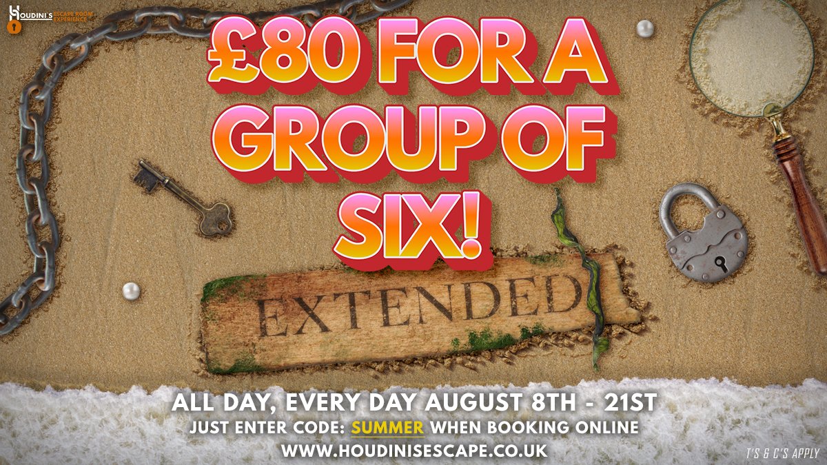 Book an escape room for a group of 6 and only pay £80!
Just enter code: SUMMER when booking.
Aug 8th - 21st.

houdinisescape.co.uk
T’s &amp; C’s apply.

#escaperoom #escapegame #summer #summerholidays #schoolholidays  #beach #deal #offer #bargain