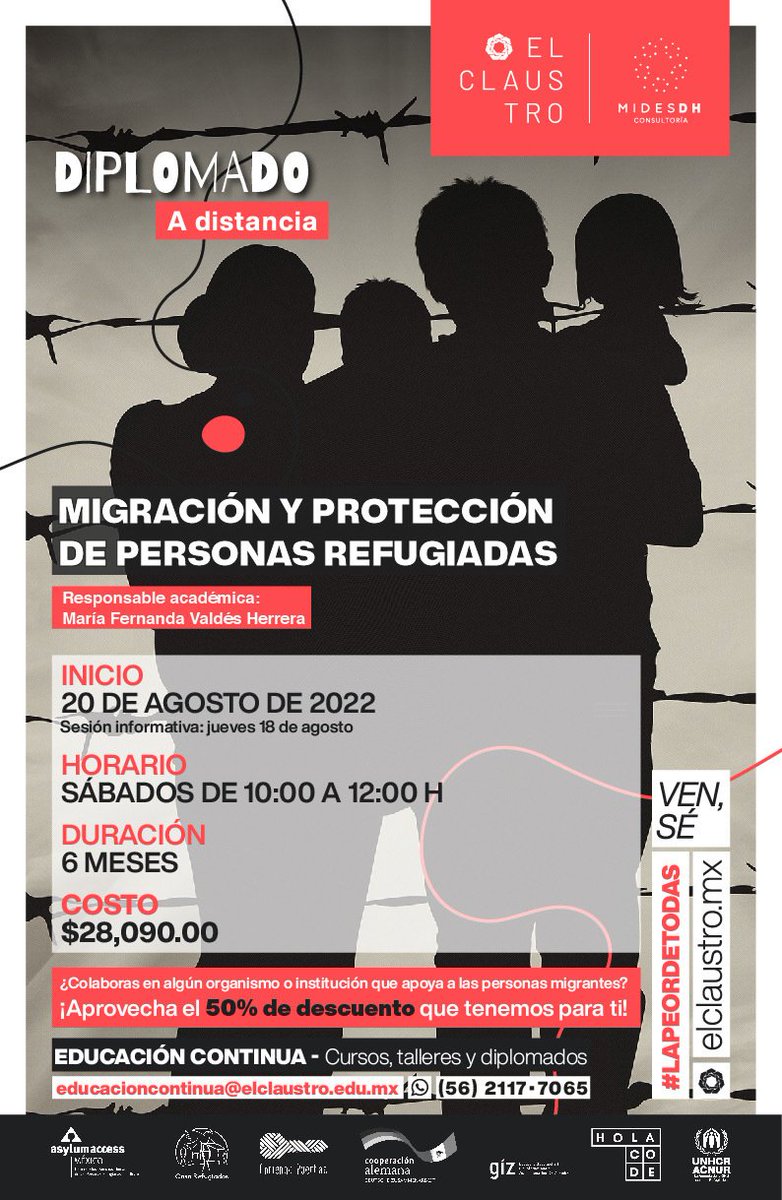 AsylumAccessMX's tweet photo. #Diplomado l Migración y Protección de Personas Refugiadas 📚

Si colaboras en algún organismo o institución que apoya a las personas migrantes obtendrás un descuento del 50%.

Más información:
https://t.co/Fi9z5OAJks https://t.co/KFncloZDrm