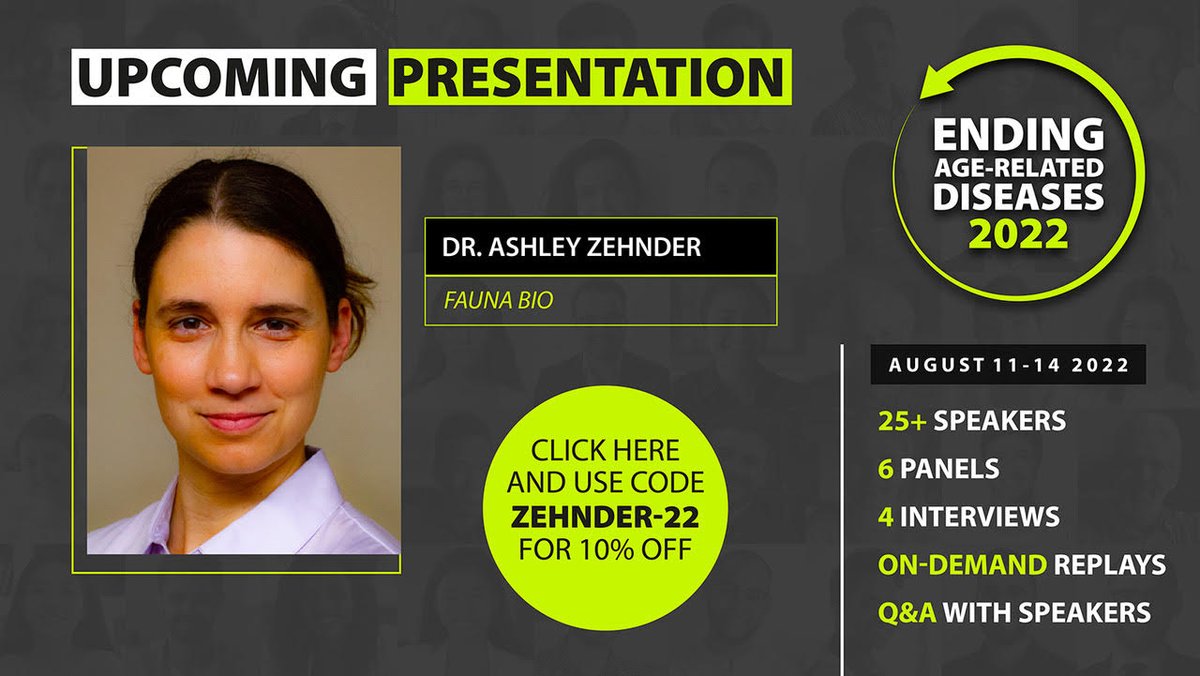 faunabio's tweet photo. Tomorrow! #FaunaBio CEO and co-founder @ashleyz413 at #EARD2022, run by @LifespanIO , August 11-14th. Come join us virtually and hear the latest research news and progress in the fight against age-related diseases. Use code Zehnder-22 and register here: https://t.co/0N1rhjimgH https://t.co/opGTFA3aNn