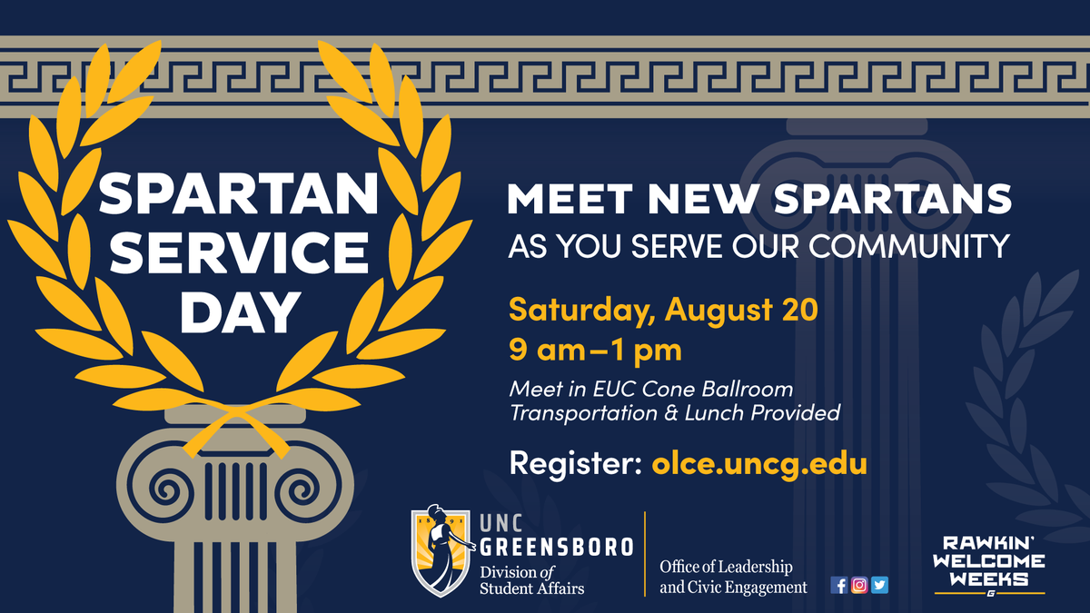 UNCG's tweet photo. We're excited to host our annual Spartan Service Day on Aug. 20, enabling students to meet others on and off campus while making a difference in our community. 

There's still time to register. Learn more: https://t.co/SOxd7rlHgf

#UNCGService #UNCGWay #Back2UNCG #UNCGRWW #GSO https://t.co/Ycy9Gd4OcN