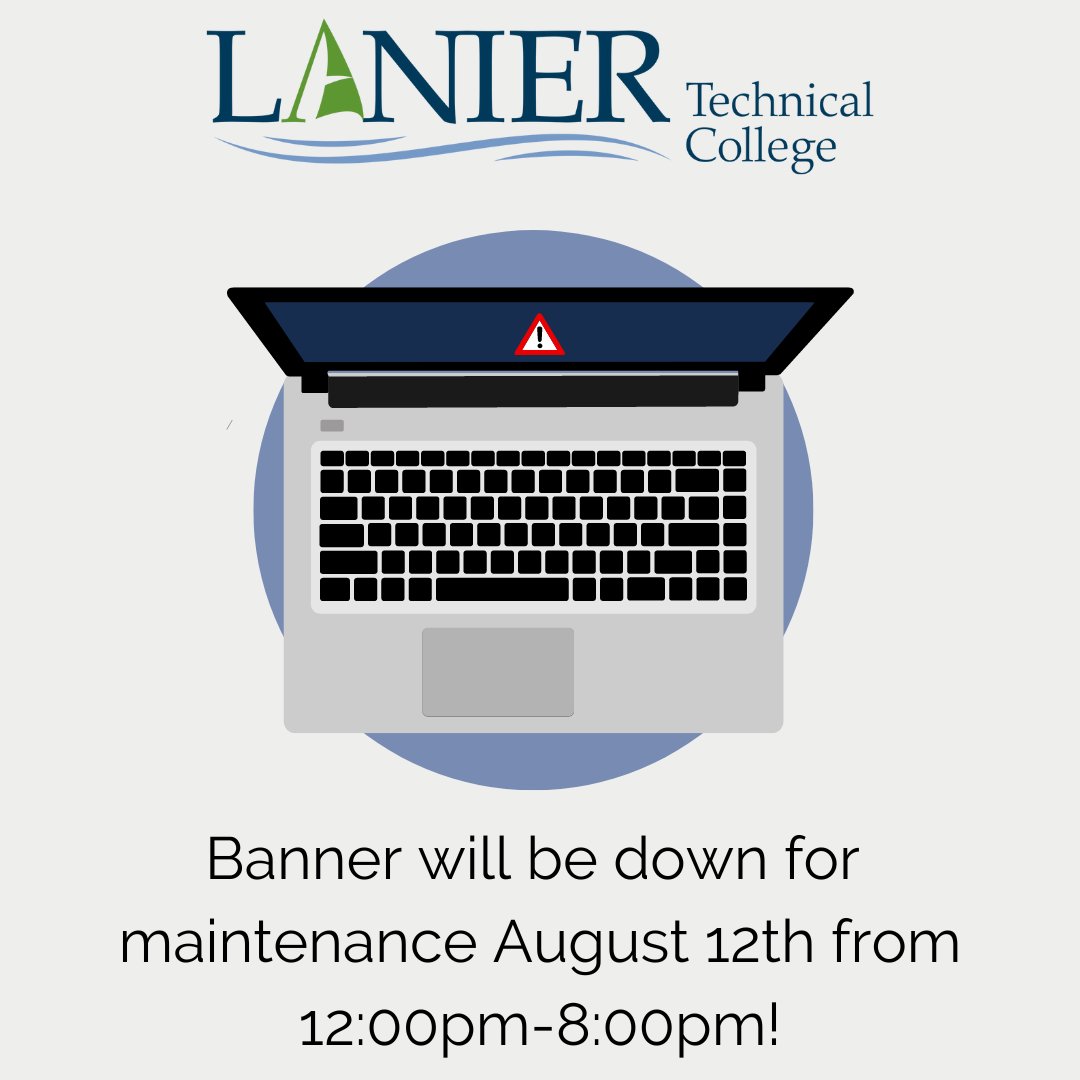 LanierTech's tweet photo. LAKERS! Tomorrow, August 12th, from 12:00PM-8:00PM Bannerweb, Banner Mobile, Banner Admin Pages, Banner Reports, and DegreeWorks may be unavailable during this scheduled maintenance window. Plan accordingly! #intheknow #almosttimeforschool #areyouready
https://t.co/ObV9HZR5tL https://t.co/Lj2DfpmfyE