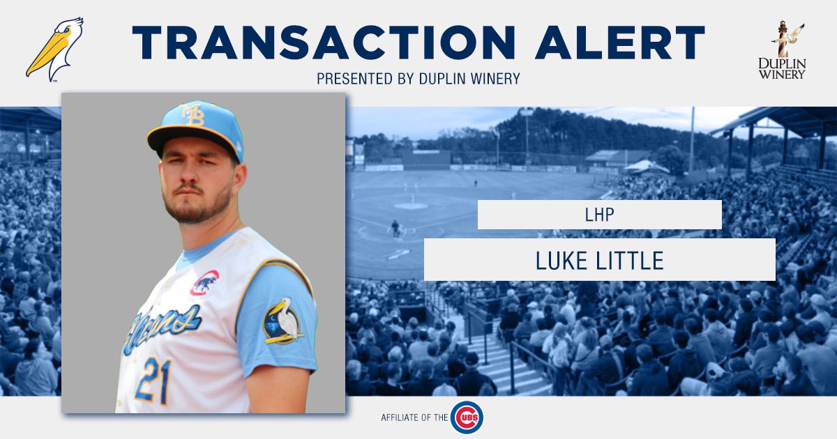 Pelicanbaseball's tweet photo. Another starter gets the call!

@Luke_L23 has been promoted to High-A South Bend. Little was the @Cubs Minor League Pitcher of the Month for July and had a 2.91 ERA in 20 games this season.

#MBPelicans https://t.co/yprQq46p9b