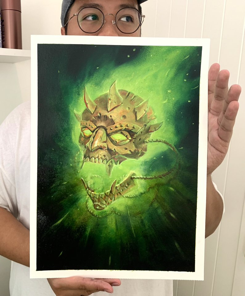 BasithCreatures's tweet photo. Mask of Chaos. it give the user more damage to Light Element Monster. I did this Oil Painting on Gesso Paper. https://t.co/BRgHEtHGG4