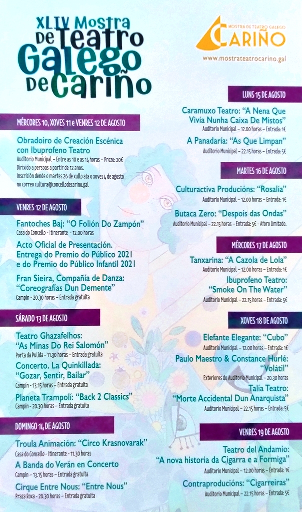 Mañán comeza a #XLIVMostraTeatroCariño. 
Aquí vos deixamos un resumo da programación.
Información máis detallada en: mostrateatrocarino.gal