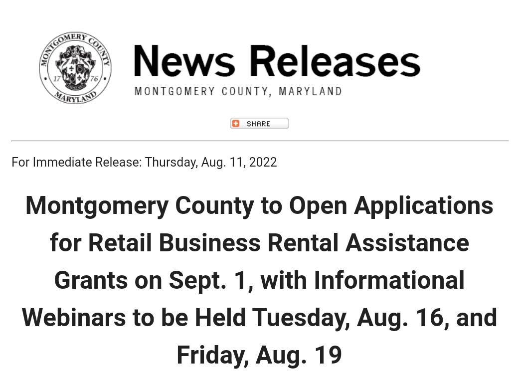 Montgomery County to Open Applications for Retail Business Rental Assistance Grants on Sept. 1, with Informational Webinars to be Held Tuesday, Aug. 16, and Friday, Aug. 19
For more information, go to
ledcmetro.org/small_biz_rent…