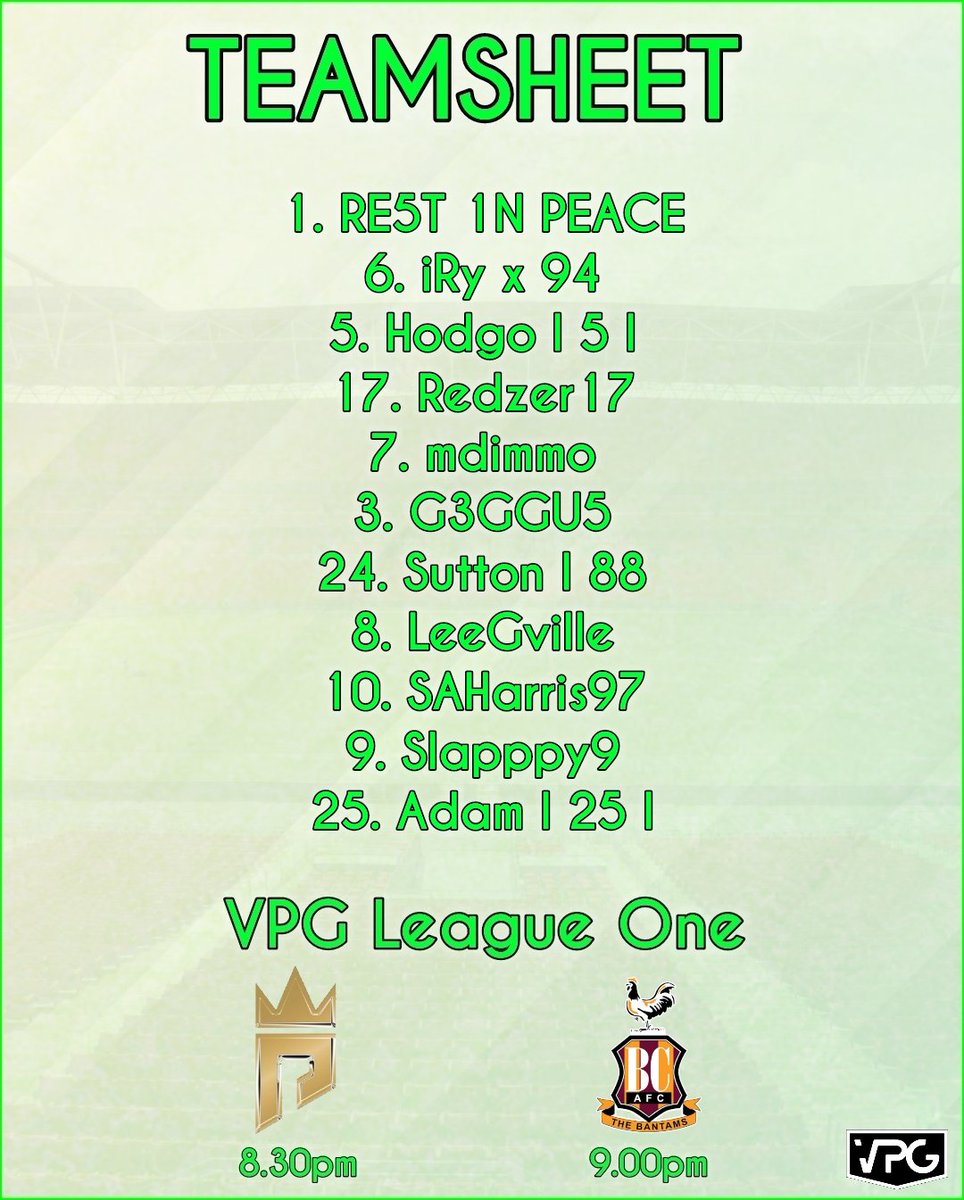 🄻🄴🄰🄶🅄🄴 🄶🄰🄼🄴🅂

Thursday 11th August 

Fixtures 

🏆 VPG League One
🆚 Prestige
⏰ 20:30

🏆 VPG League One
🆚 BCAFC eSports 
⏰ 21:00

<a href="/VPGEurope/">Virtual Pro Gaming | Europe</a> 

Teamsheet