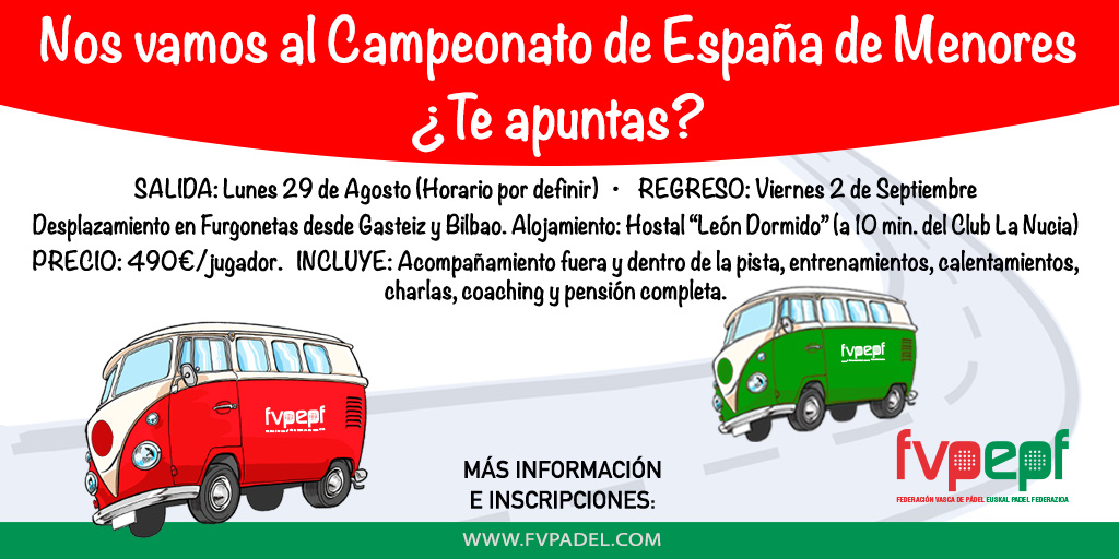 fvpadel's tweet photo. ⏳ Mañana 20:00 h, fin de inscripción de menores federados/as vascos al viaje #CEMenoresFEP @padelfederacion
💶 Por 490€, tutela y apoyo de técnicos #fvpadel transporte y desplazamientos, alojamiento y manutención, y seguro de viaje.
🚐🚐 Reserva en https://t.co/L9F6JXnG3M https://t.co/er32OcuyUu