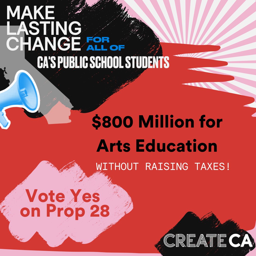 We have a chance to make lasting change on November 8th! Vote Yes on Prop 28 and give every student in CA access to the life saving benefits of arts education, without raising taxes! 
#VoteYeson28
#CreativityIsNotOptional