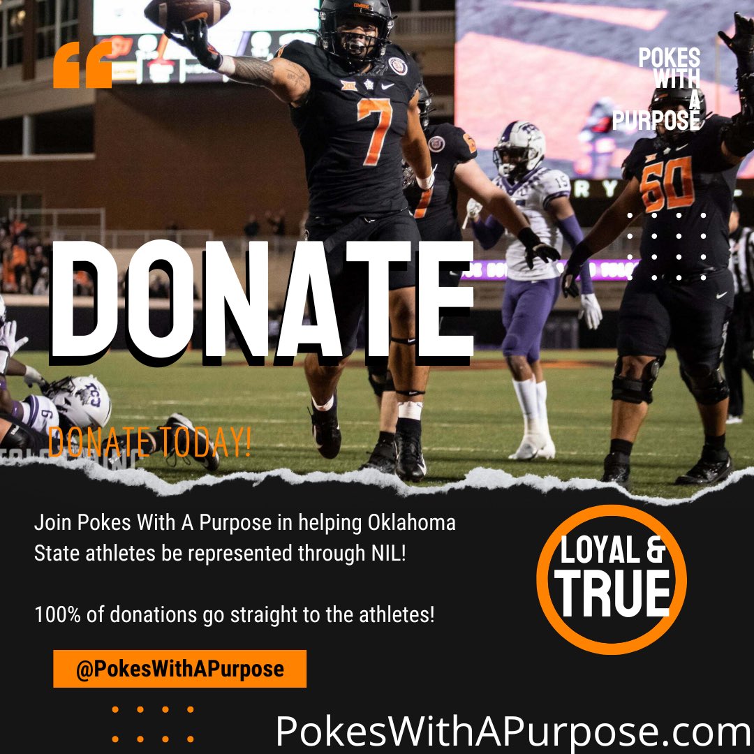 Join Pokes With A Purpose in helping Oklahoma State athletes be represented through NIL!

100% of donations go straight to the athletes!

PokesWithAPurpose.com