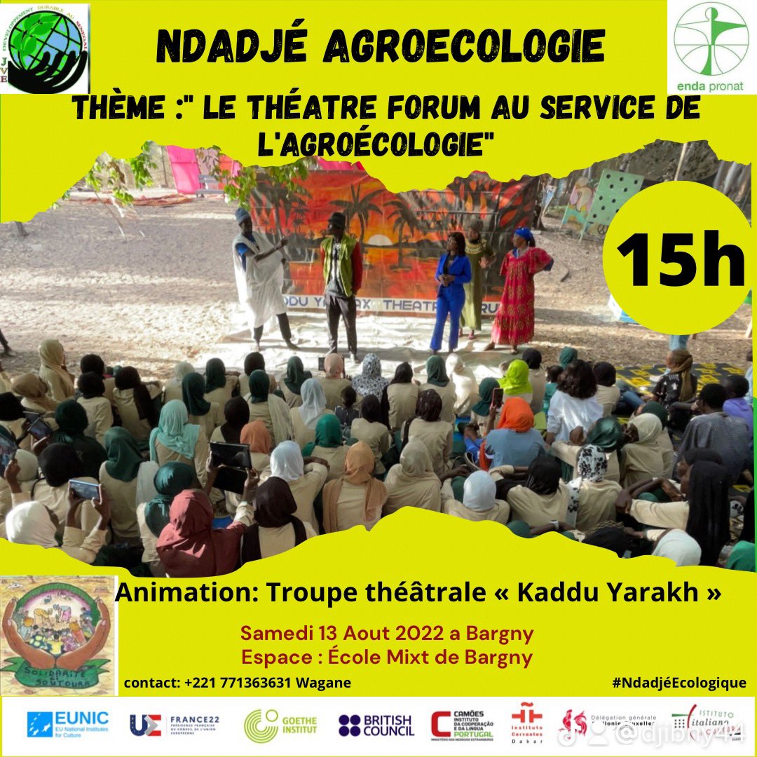 2eme Édition du programme des 
#NdadjeAgroecologique 2022 avec <a href="/Jve_Senegal/">JVE SENEGAL 🇸🇳</a>, <a href="/PronatEnda/">Enda Pronat: Protection naturelle des terroirs</a> et <a href="/WadeFadel/">fadel wade</a> #SCI ce Samedi 13 Août 2022 à l’école Mixt de Bargny.
Animation : #kadduYarakh
<a href="/EUNIC_Paris/">EUNIC_Paris</a> <a href="/GI_Senegal/">Goethe-Institut SEN</a> <a href="/fr_British/">British Council</a> <a href="/camoes_ip/">Camões.IP</a> @WallonieBru_FR <a href="/MaguetteBa17/">Maguette Ba</a> <a href="/MayaDieng00/">Nature Lover 🥀</a> #kebetu