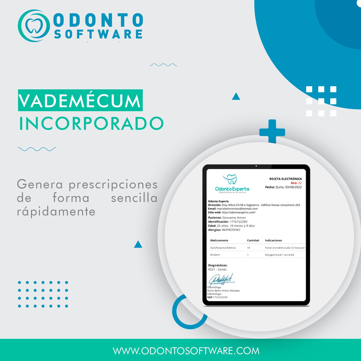 odonto_software's tweet photo. Con #OdontoSoftware genera prescripciones con el formato exigido por el MSP, con tu logo y datos de tu clínica dental. 
Optimiza tiempo buscando la medicación en el vademécum incorporado.

📲https://t.co/2GtqtW23x3 
➡️ https://t.co/n0oV50QtGr
#SoftwareDental #Ecuador #software https://t.co/U3mof9an13
