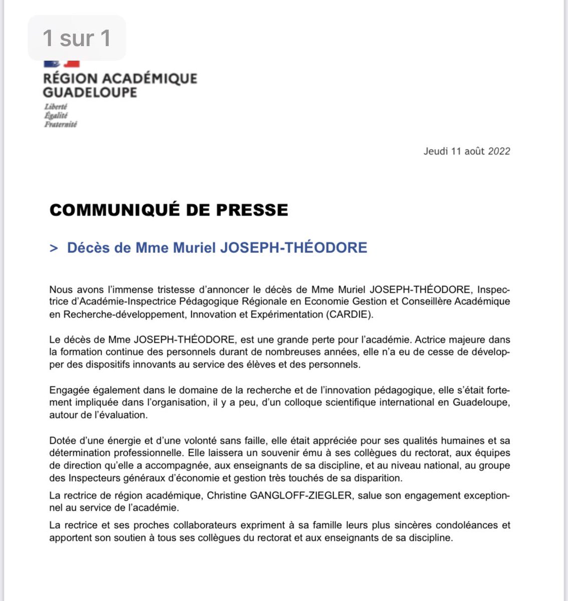 ⚫️ Nous avons l’immense tristesse d’annoncer le décès de Mme Muriel JOSEPH-THÉODORE, IA-IPR en Economie Gestion et CARDIE.

La rectrice <a href="/gangloffchris/">Christine Gangloff-Ziegler</a> salue son engagement exceptionnel au service de l’<a href="/AcGuadeloupe/">Académie de la Guadeloupe</a>.