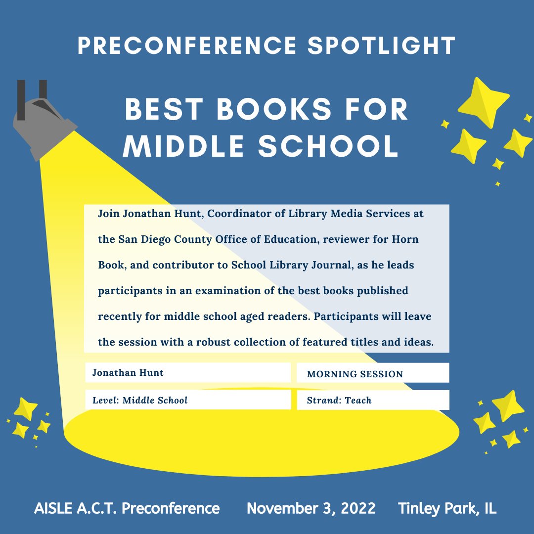 Join Jonathan Hunt for the AISLE A.C.T. morning preconference session, “Best Books for Middle School.” Half-day preconference sessions are $90 each or two for $150.
See all session choices and register here: bit.ly/aisleactregist…
#AISLEd #AISLEd22 <a href="/jhunt24/">Jonathan Hunt</a>
