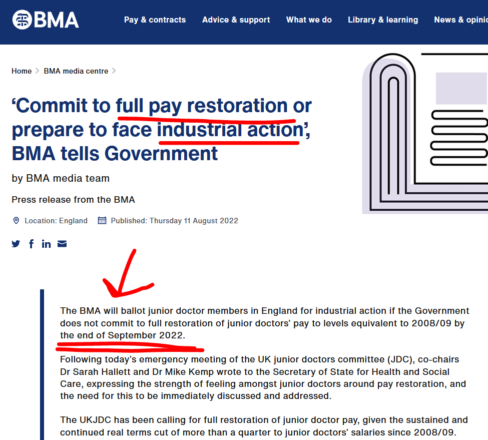 Emergency BMA JDC Meeting outcome - pay us or prepare to face industrial action, balloting likely at the end of September 2022.
1. If not a BMA member, now is the time
2. Update your postal address on BMA website
3. Get others involved
We can do this but every doctor counts