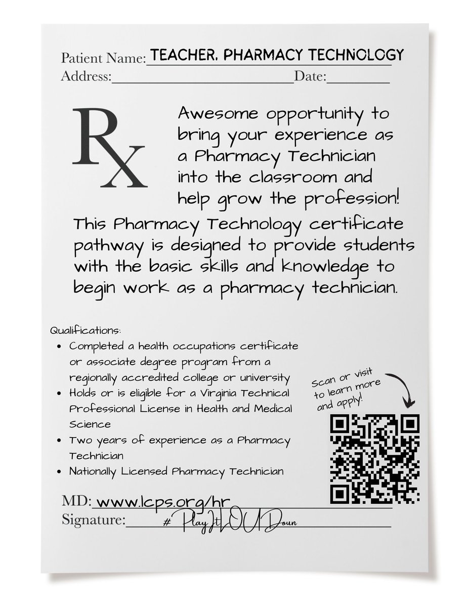 Great opportunity for an experienced Pharmacy Technician to join our team! Review the position an apply here: lcps.tedk12.com/hire/ViewJob.a…