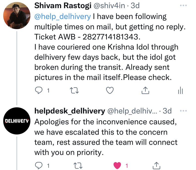 shiv4in's tweet photo. ⁦⁦@help_delhivery⁩ Are you sure you if your team is really working towards this issue? It’s been more than 15 days. https://t.co/Rh6fnffdzR