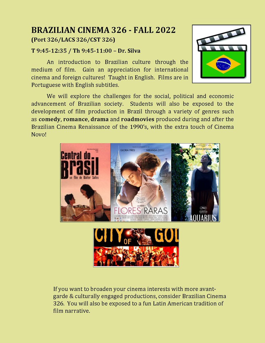 If you want to broaden your cinema experience with culturally engaged productions, get started with Brazilian Cinema (LACS/Port/CS 326). You will be exposed to a fun LA tradition of film narrative. <a href="/UTKLatAmCaribn/">UT LatAm+Caribn IDP</a> <a href="/ArtsSciencesUT/">UT Arts & Sciences</a> <a href="/UTKGlobal/">Center for Global Engagement</a> <a href="/LASO_UT/">LASO UTK</a> <a href="/DrKBlock/">Dr. Kristen Block</a> @UTPrideCenter