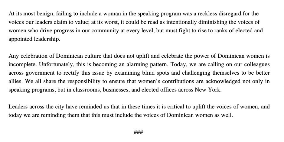 AmandaSeptimo's tweet photo. Last night a celebration of Dominican heritage at Gracie Mansion felt incomplete when no women spoke in the program.

I’m joining colleagues @KarinesReyes87 @CarmenForNYC @YudelkaTapia to demand Dominican leadership that respects &amp; supports women in our community. Full statement: https://t.co/MsaVLmgh47