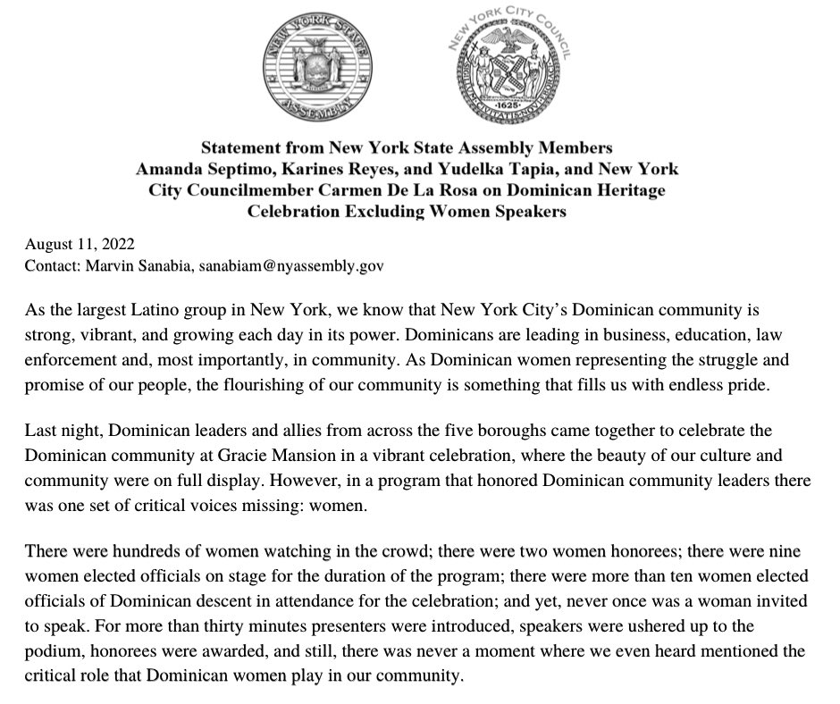 AmandaSeptimo's tweet photo. Last night a celebration of Dominican heritage at Gracie Mansion felt incomplete when no women spoke in the program.

I’m joining colleagues @KarinesReyes87 @CarmenForNYC @YudelkaTapia to demand Dominican leadership that respects &amp; supports women in our community. Full statement: https://t.co/MsaVLmgh47