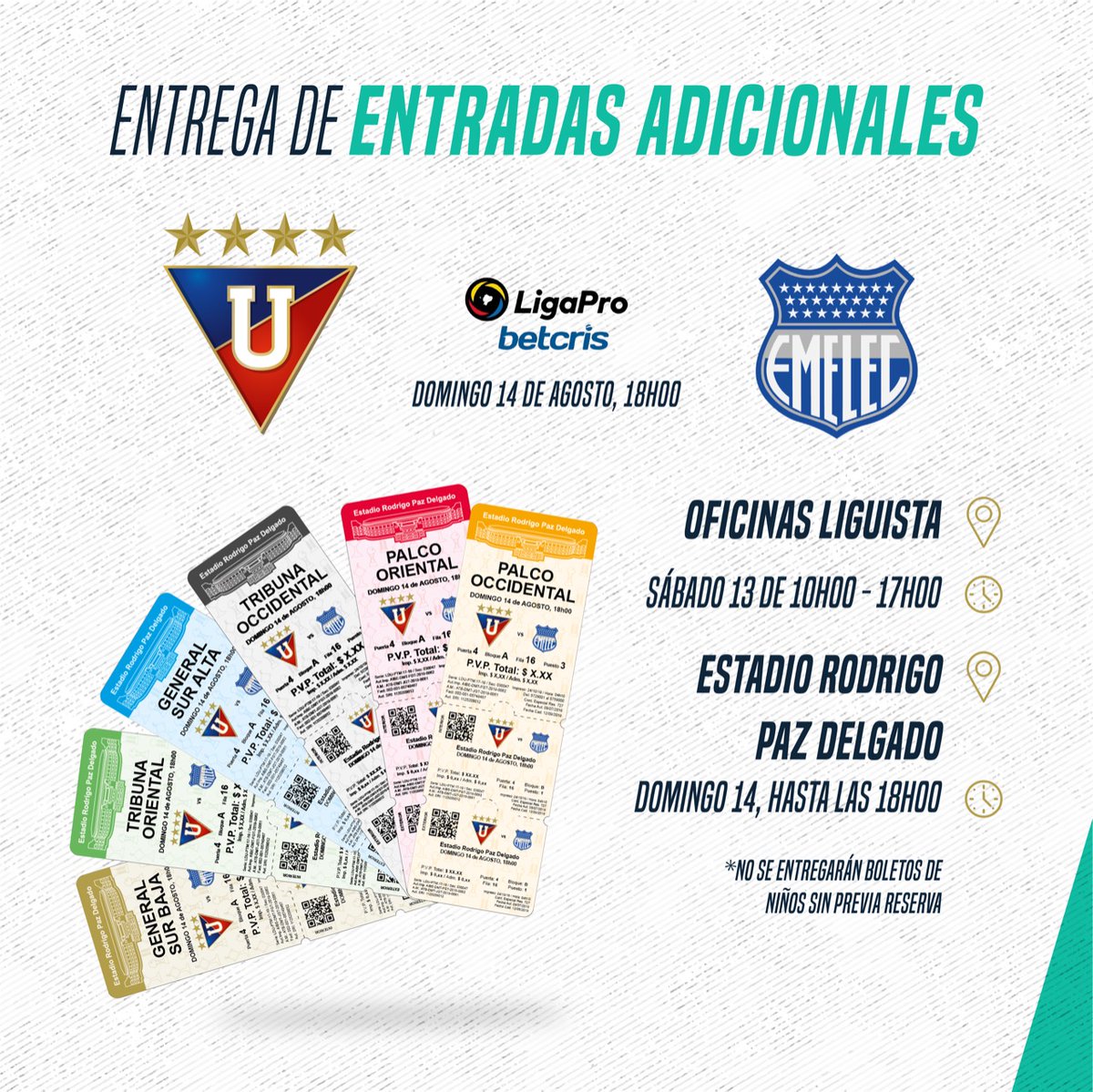 LiguistaOficial's tweet photo. 📣 Entrega de entradas adicionales #LDU vs #EME

✅ Sábado 13 agosto: ⌚10h00 a 17h00
📌Oficinas Liguista https://t.co/HTlsBSjG27