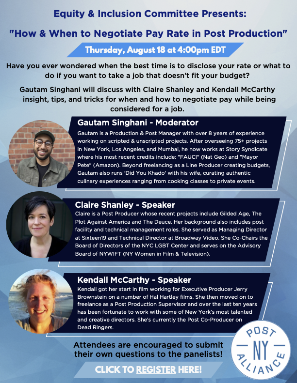 PostNY's tweet photo. 🗓Next Th., 8/18 at 4PM EST, we’re breaking the Summer Hiatus for #EquityandInclusion: How & When to Negotiate Pay Rate in Post Production Management!!
Read more about the event via the image & REGISTER HERE⬇️ https://t.co/lL1iV1wDww
#PNYA #postproductionmanagement #payrate https://t.co/Hqv8gqNvK2