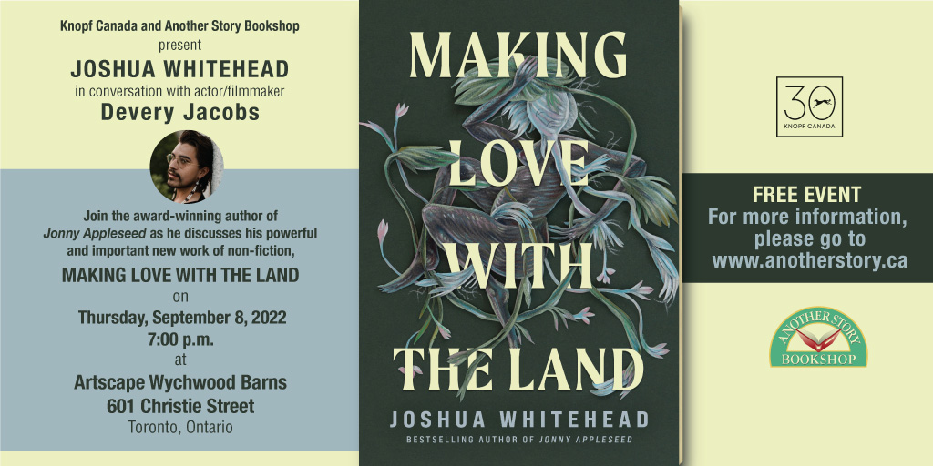 AnotherStoryTO's tweet image. Beyond thrilled to have actress &amp;amp; filmmaker @kdeveryjacobs host the conversation with @JWhitehead204 for the launch of "Making Love with the Land"

Devery Jacobs championed Jonny Appleseed for the 2021 #CanadaReads win!

Free! Details &amp;amp; preorder at anotherstory.ca.