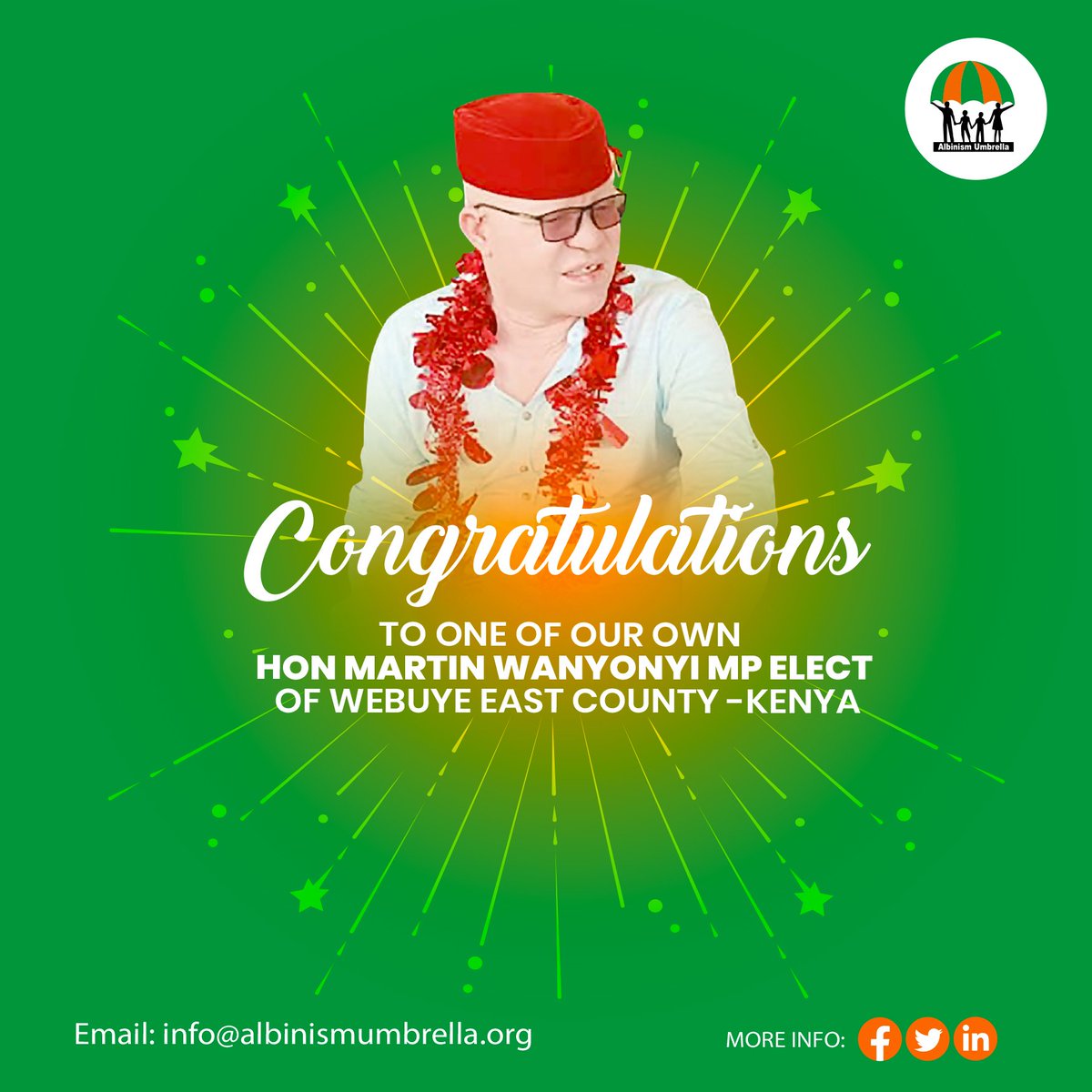 “I want to thank God, my family, and the people of Webuye for electing me as their MP in this election. It is a historic moment in the country since a person with albinism has been elected through the vote as an MP,”