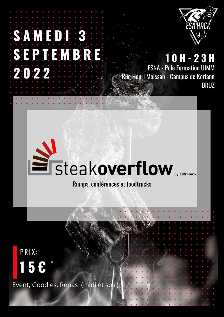 Les inscriptions de la deuxième édition du STEAKOVERFLOW sont ouvertes 🍻 !

helloasso.com/associations/e…

Les places pour l'évènement sont réduites alors n'attendez pas trop longtemps !

Le planning des rumps et des conférences arrive très prochainement... 👀