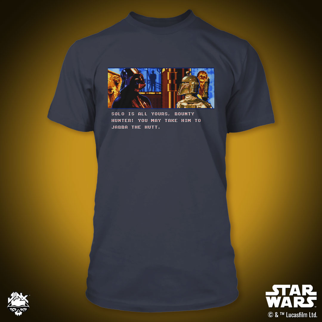 Darth Vader hands over Han Solo to Boba Fett in a pivotal scene from Star Wars: The Empire Strikes Back™

Now that legacy Star Wars™ game event has been recreated on a J!NX tee.

Collect your bounty here: bit.ly/3HEASZ2